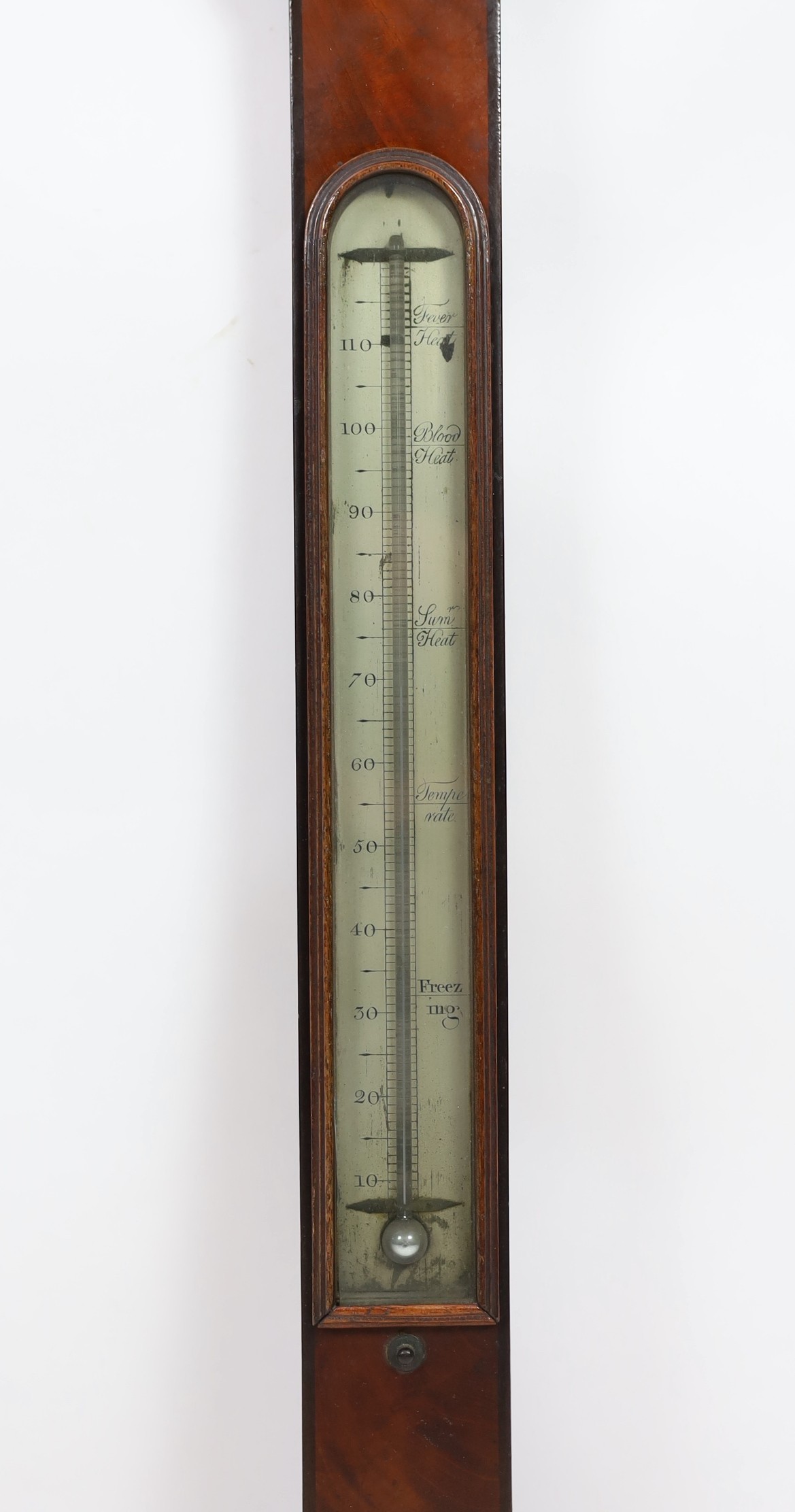 J. Blunt of London. A Regency mahogany stick barometer, 13cm wide, 98cm high